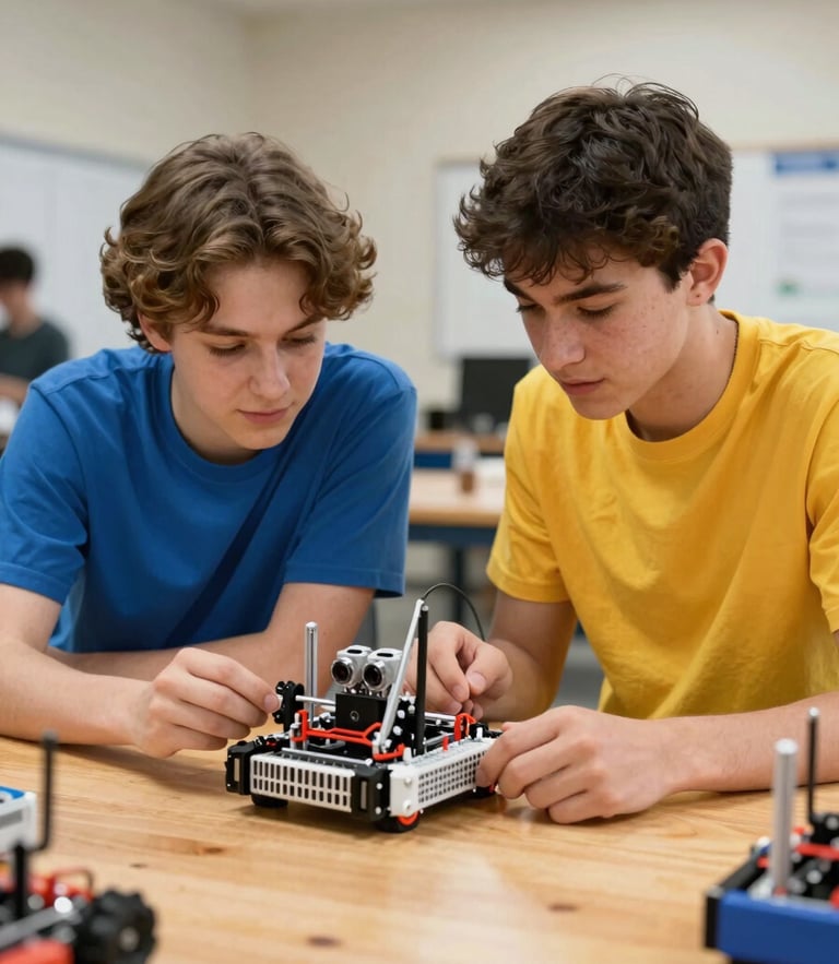 Medium shot of two Georgia students actively collaborating over a robotics prototype on a wooden workshop table, bright natural light, warm vibrant tones.