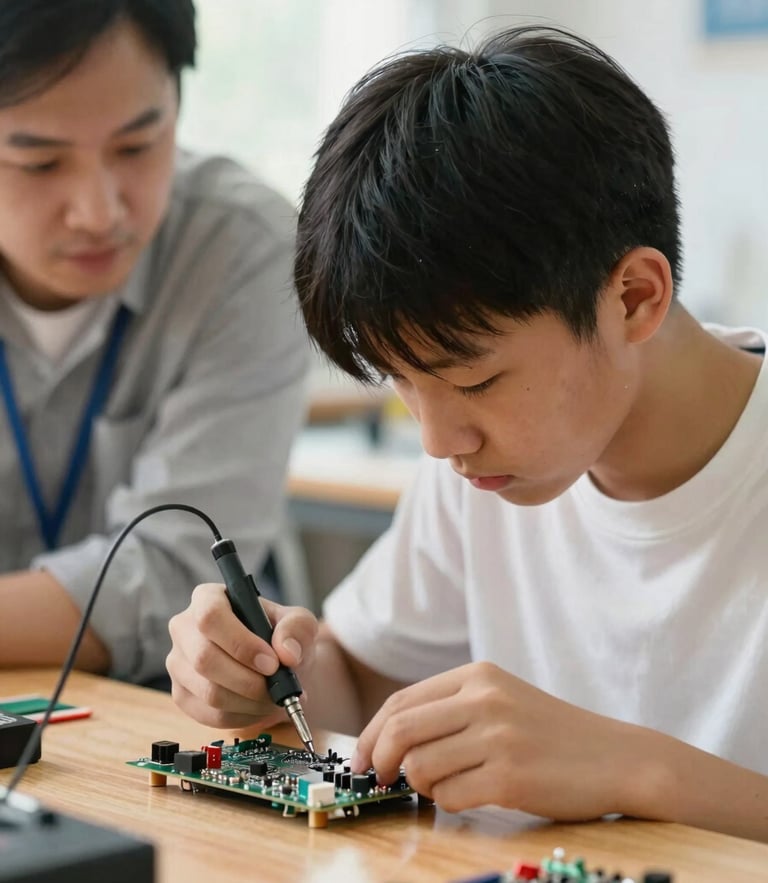 A close-up action shot of a high school student soldering a circuit board under warm workshop light, a mentor guiding them from the side, shallow depth of field, 35mm lens.