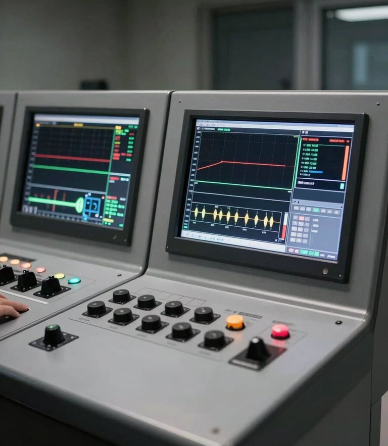 Cool control room ambient light, sharp technical details of a modern DCS console screen showing live process loops, desaturated steel tones with high contrast, 50mm