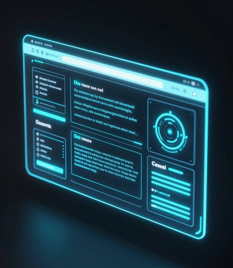 Futuristic 3D render of a glowing neon holographic website wireframe, deep obsidian background, electric cyan telemetry, octane render, cinematic