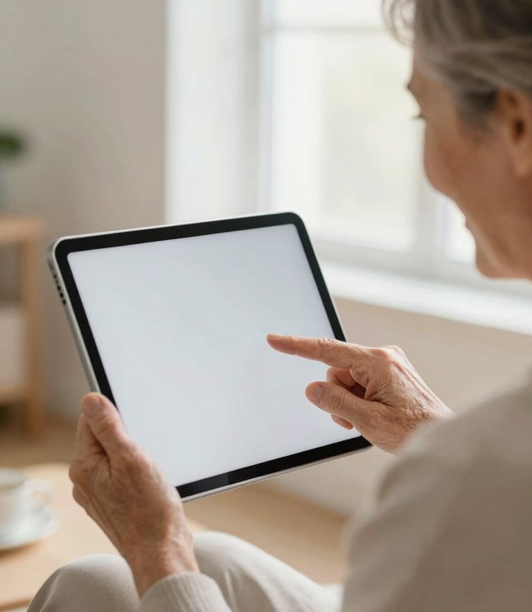 Over-the-shoulder warm domestic shot of an elderly person smiling while looking at a tablet, a friendly hand gently pointing to the screen, soft natural window light.