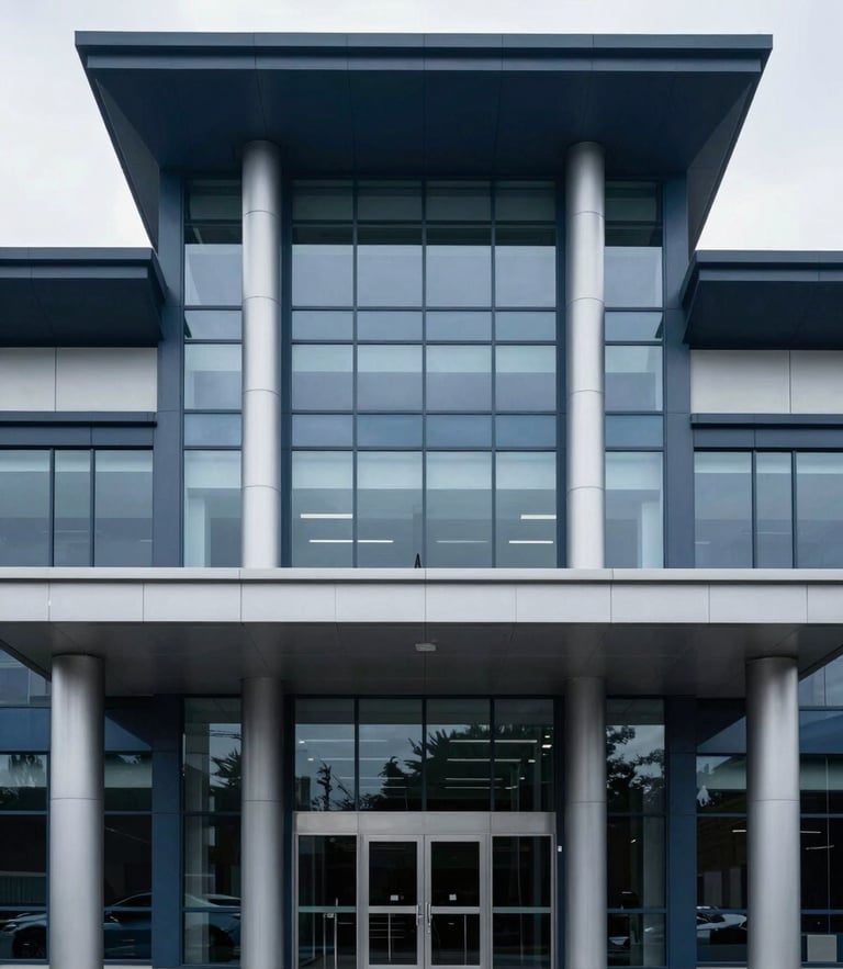 Symmetrical architectural shot of a modern customs house facade, clean steel and glass lines, cool overcast daylight, 35mm photography
