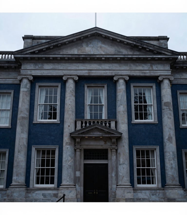 Symmetrical architectural shot of a classical customs house facade, cool overcast daylight, deep navy and steel tones, 35mm