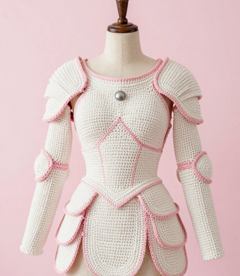 A bright editorial portrait of a detailed crochet armor cosplay on a clean studio background with soft pink lighting, 35mm
