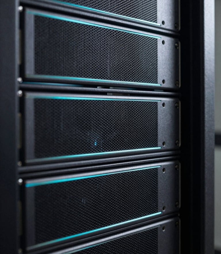 Orthographic macro shot of server rack hardware, sharp cyan edge-lights, deep charcoal shadows, clean geometric lines.