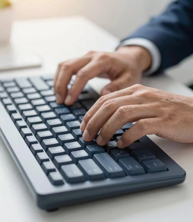 Close-up of professional hands typing on a sleek mechanical keyboard, clean desk, warm morning light, shallow depth of field, professional