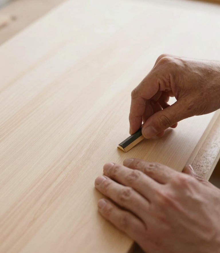 Tactile close-up of hands sanding a silky Paulownia wood board in a sunlit workshop in Gironde, warm editorial photography, 35mm