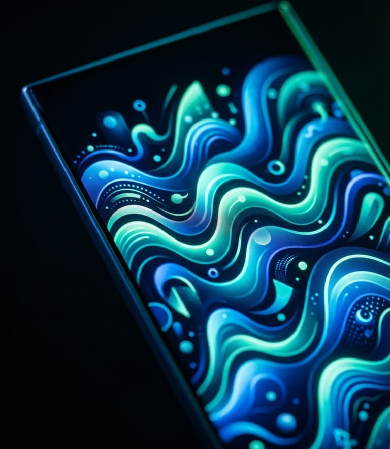 Macro shot of a high-end Android smartphone screen displaying fluid neon blue and mint vector graphics, dramatic dark background with neon rim lighting.