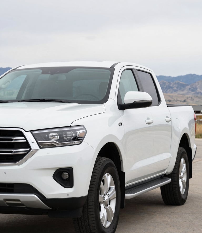 A clean, modern white 4x4 pickup truck parked outdoors in Pocatello, Idaho, soft overcast daylight, sharp 35mm automotive shot.