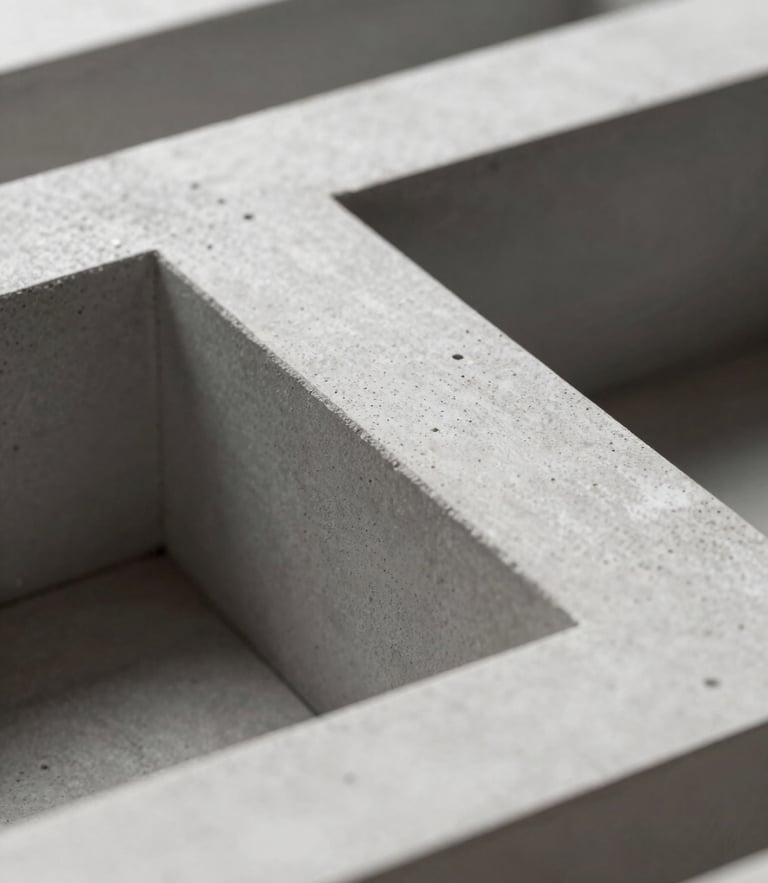 Macro close-up of a minimalist concrete architectural model, sharp diagonal shadows, high-contrast lighting, clean lines.