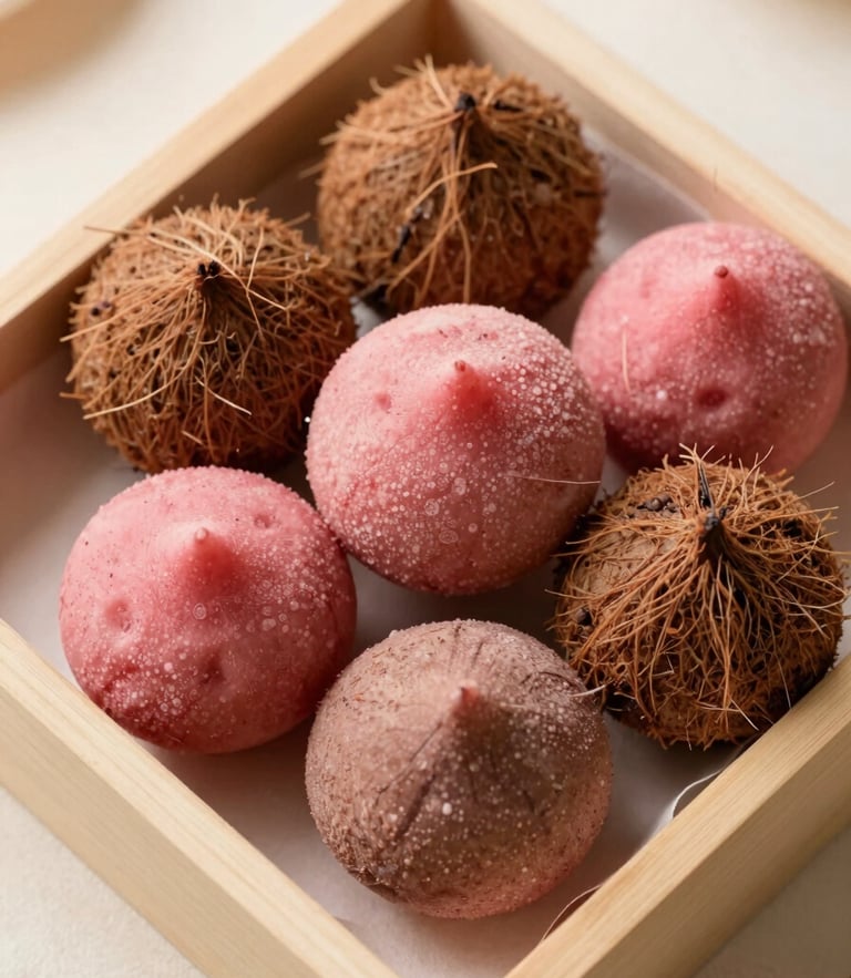 Overhead flat-lay of a wooden box filled with naturally pink beetroot and brown coffee coconut burfis on parchment paper, soft morning light, editorial food photography