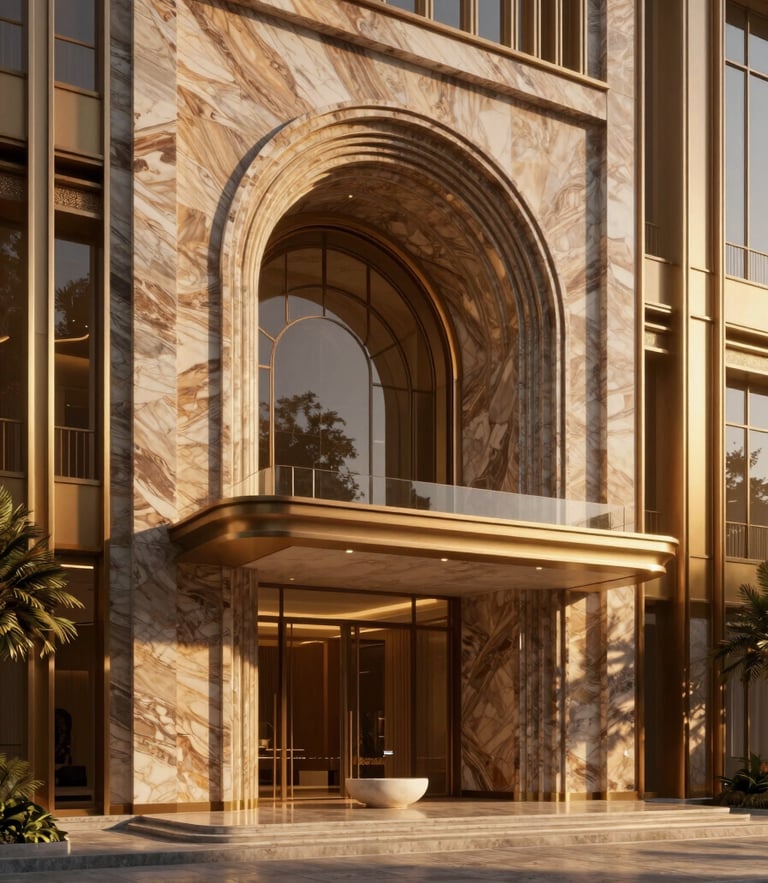 photorealistic 3D architectural render, warm golden-hour sunlight, rich travertine and bronze tones, dramatic shadows, 8k, soaring lobby entrance of The Aurelia with elegant modern arches and a minimalist water feature
