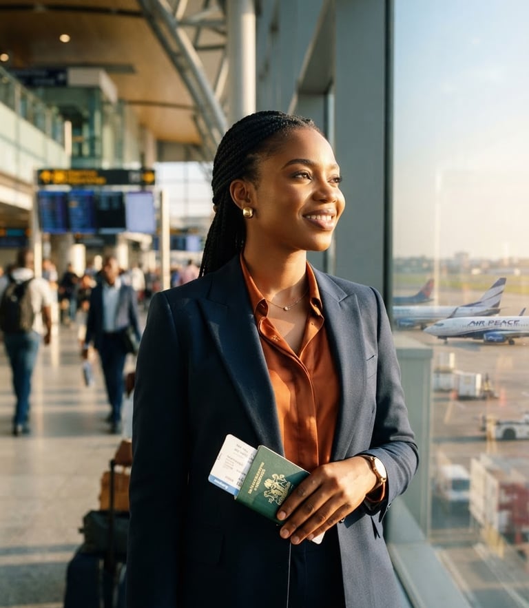 A sharp editorial portrait of a confident young Nigerian professional in a modern, sunlit airport terminal, holding a passport and looking toward the horizon, warm gold highlights, premium depth of field.