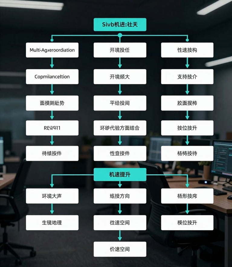Clean vector system architecture diagram showing multi-agent coordination, structured data inputs, compliance filters, and validated outputs, dark ambient background, cyan accents.