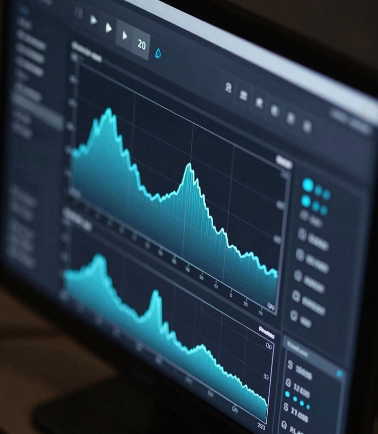 Isometric close-up of a dark user interface displaying real-time latency charts, sharp self-illuminated UI elements with subtle electric blue glow effects, clean dark ambient environment.