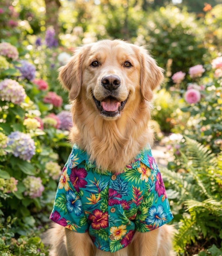 Happy fluffy golden retriever dog wearing a colorful handmade teal and magenta tropical shirt, looking directly at the camera, bright warm natural daylight, outdoor garden background