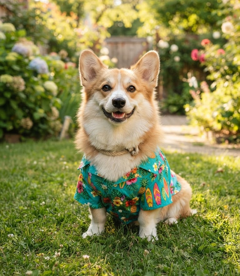 A joyful fluffy corgi dog wearing a vibrant teal handmade Hawaiian shirt, sitting in a sunlit backyard, looking happily at the camera, warm natural daylight, 35mm lens