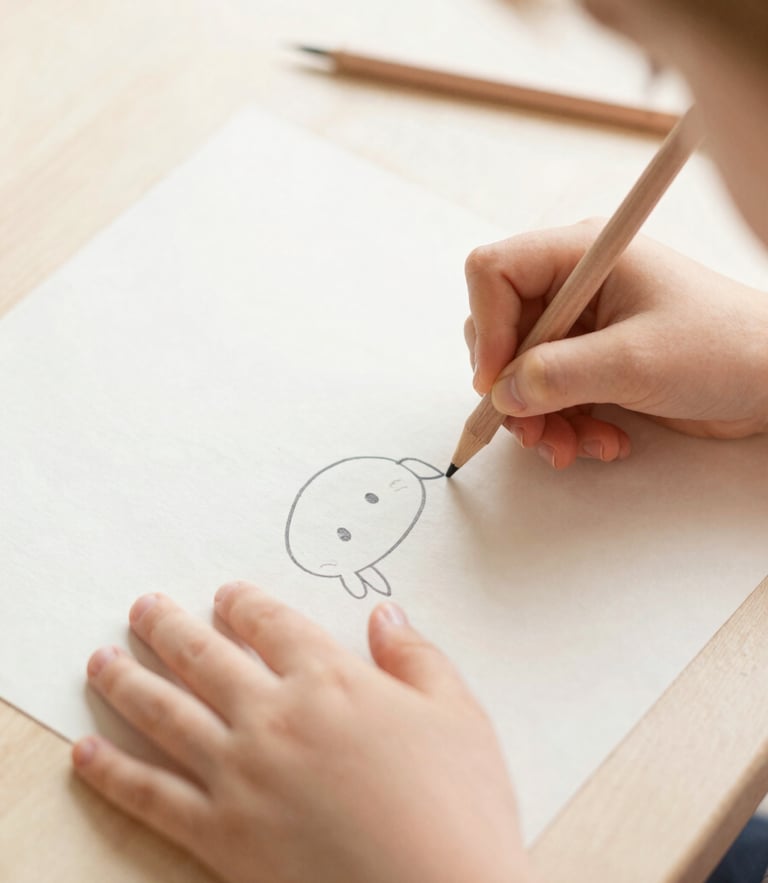 Close-up of a child's hands carefully coloring a simple hand-drawn illustration on thick textured paper, soft overexposed natural daylight, warm pastel cream tones, shallow depth of field.