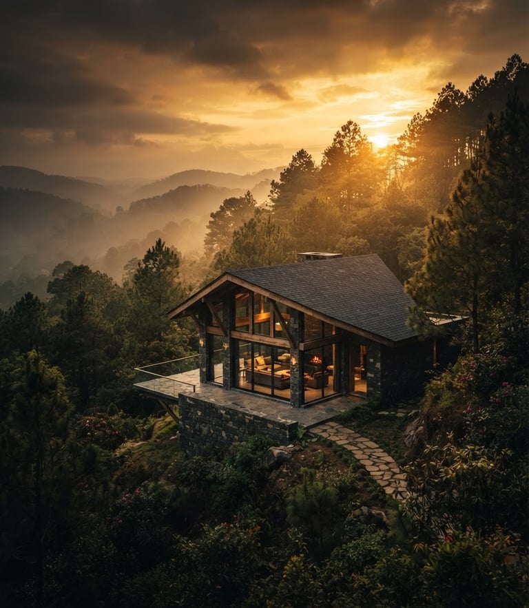 Cinematic architectural view of a modern stone pavilion nestled in the misty pine hills of Shillong, dramatic golden-hour light filtering through the trees, deep obsidian and gold tones, 35mm lens.