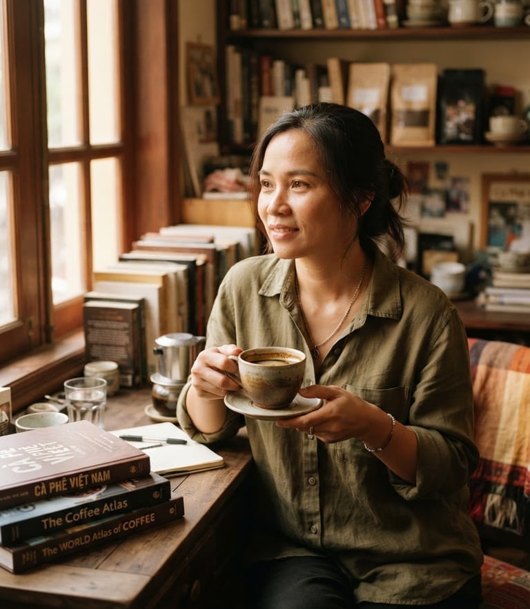 A thoughtful portrait of a Vietnamese coffee educator in a warm, book-filled study, soft afternoon light filtering through a window, holding a ceramic cup, warm editorial photography style, 35mm lens