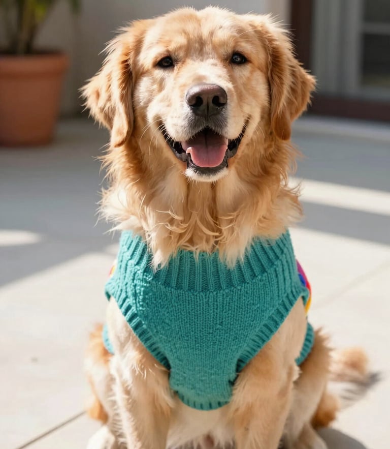 A happy fluffy golden retriever wearing a colorful handmade teal sweater, sitting comfortably, looking at the camera with a joyful expression, bright natural daylight, outdoor patio background