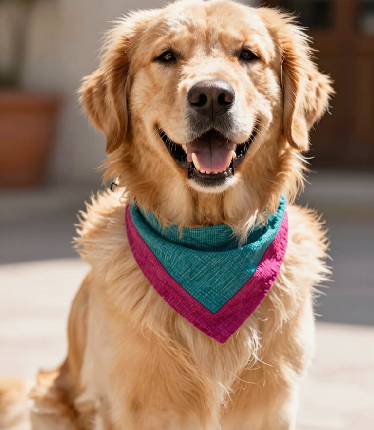 A happy fluffy golden retriever wearing a colorful woven teal and magenta bandana, sitting in warm Mexican sunlight, close-up shot, shallow depth of field
