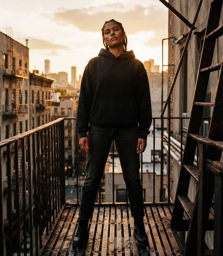Low-angle heroic shot of a model in a dark heavyweight hoodie standing on a gritty concrete fire escape at golden hour, warm backlighting, rich gold tones, 35mm film