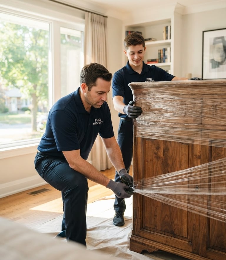 Bright morning editorial photo of professional movers in clean uniforms carefully securing a solid wood cabinet with protective wrap inside a well-lit home, sharp focus, 35mm