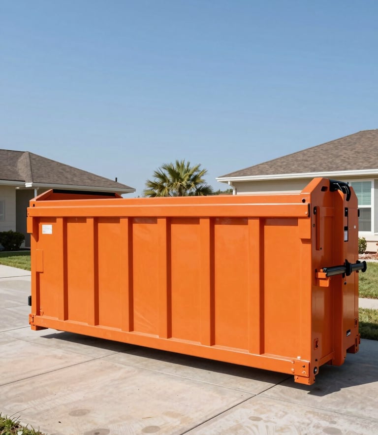 Wide environmental shot of a clean orange roll-off dumpster positioned on a concrete driveway of a Houston residential home, bright Texas sunlight, sharp focus