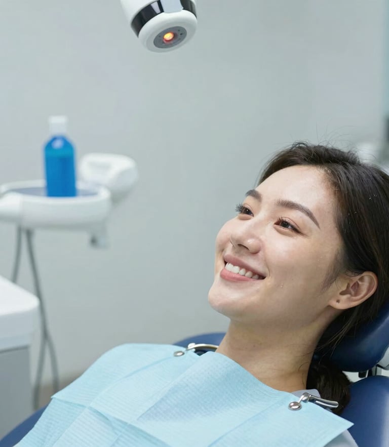 modern dental clinic interior, soft natural window light, clean green and white tones, professional, warm