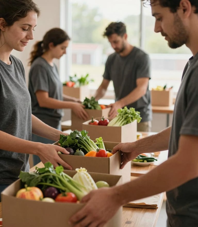 Candid documentary-style shot of church volunteers organizing boxes of food in a bright, naturally lit community center, focus on hands placing fresh produce, warm daylight.