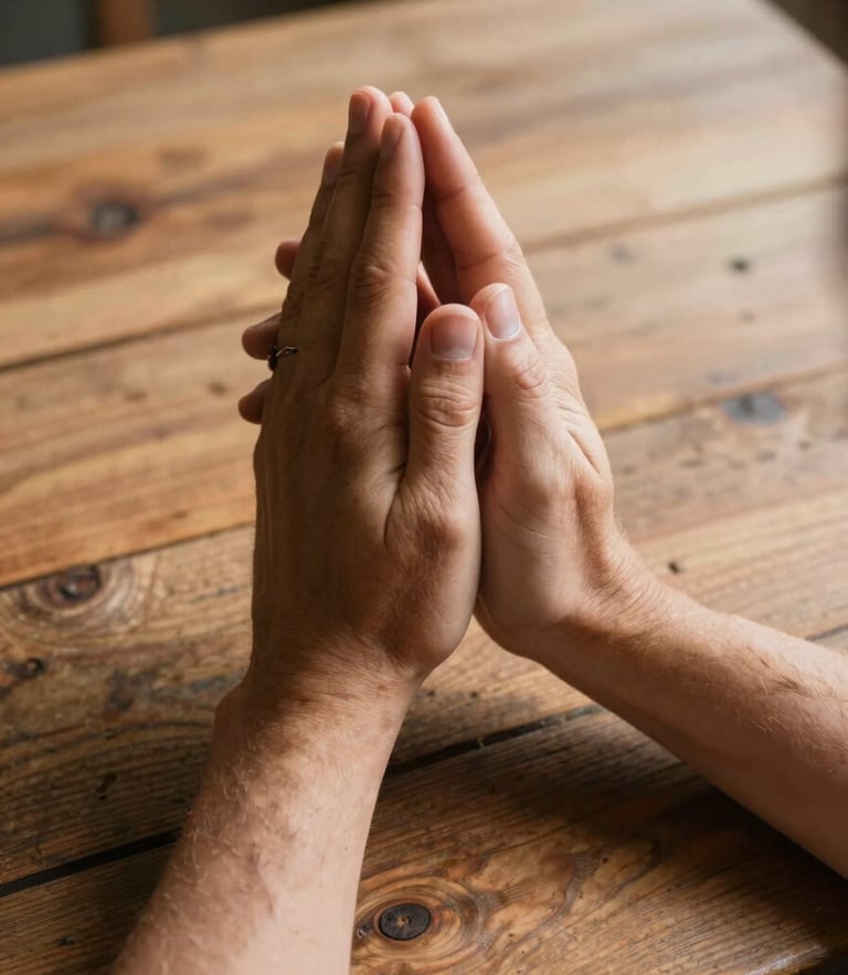 Candid documentary-style close-up of hands joined in prayer over a rustic wooden table, natural warm daylight with high contrast, soft shadows, editorial style.