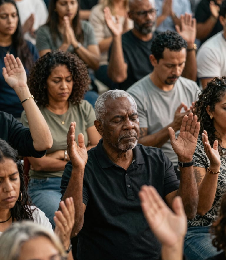 Candid documentary-style shot of a diverse congregation sitting in warm natural daylight, hands raised in unified, sincere prayer, high contrast, editorial feel.