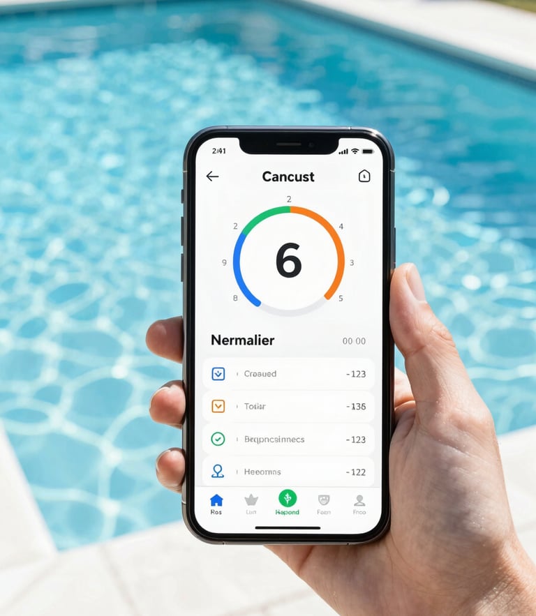 Bright high-key photography of a smartphone displaying a clean digital dashboard with water metrics, held over a sparkling residential pool in crisp Orlando sunlight.