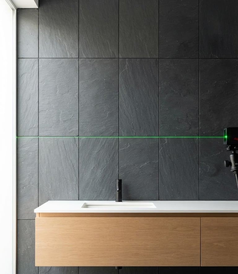 Straight-on architectural shot of a modern bathroom wall, laser level casting a crisp green line across perfectly aligned slate tiles, bright natural daylight, 35mm lens