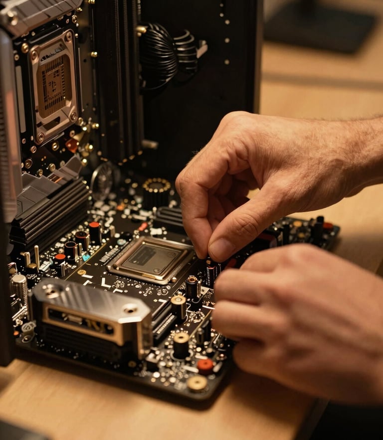Cinematic warm-toned shot of hands assembling a high-end PC motherboard under moody interior lighting, shallow depth of field
