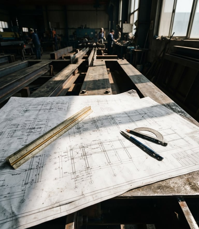 Close-up of civil engineering blueprints on a structural steel desk, high-contrast midday sun casting sharp shadows, technical drafting tools, precise and professional