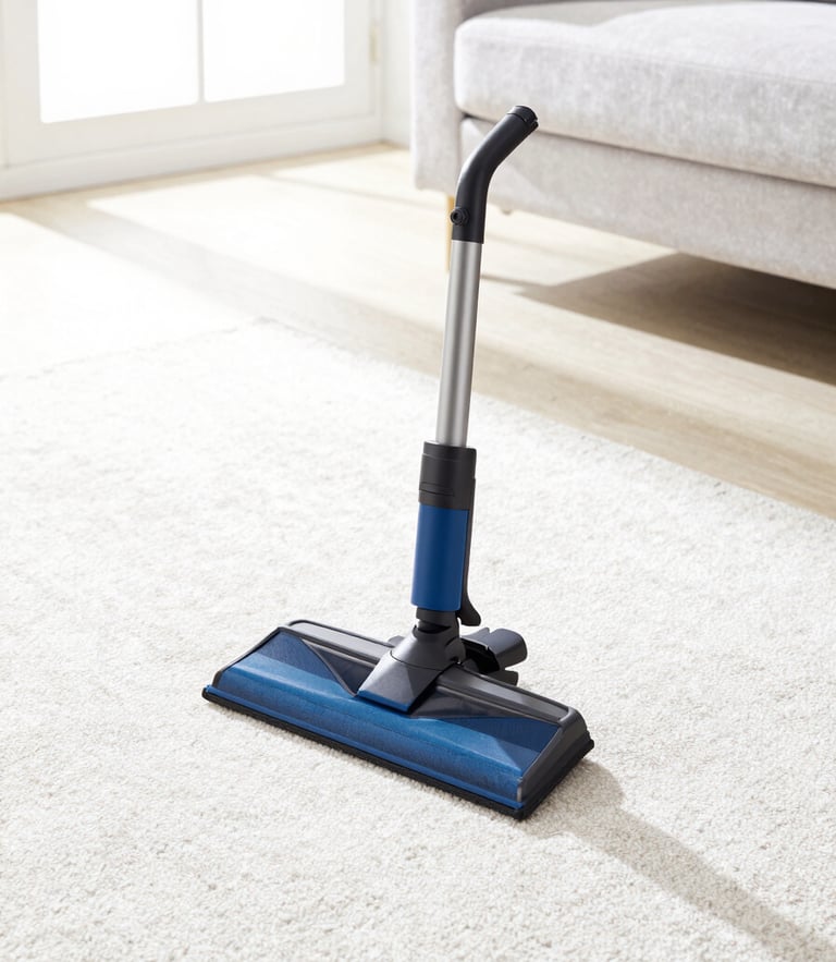 bright clean commercial photography, high-key natural daylight, crisp white and blue tones, a freshly vacuumed modern living room with crisp sunlight lines on carpet, sharp focus, 35mm