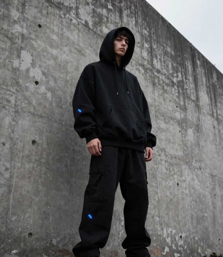 Low-angle dynamic shot of a model wearing an oversized black hoodie standing against a concrete brutalist wall, overcast moody lighting, 35mm lens