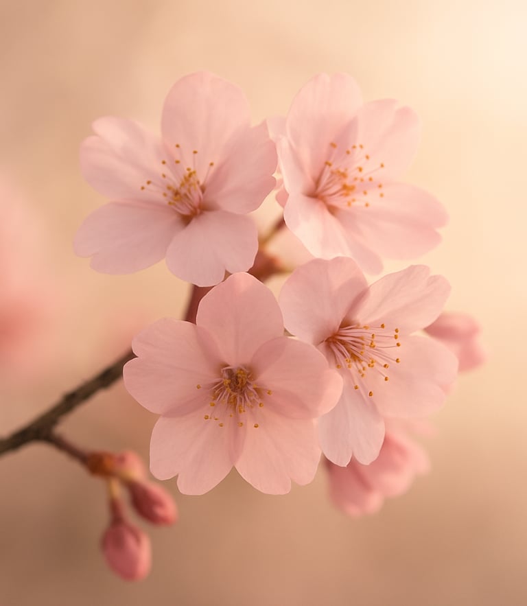 Close-up of delicate pink sakura cherry blossoms in soft morning light, warm cream background, shallow depth of field, 35mm