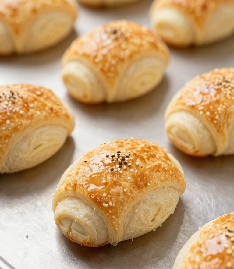 Bright commercial food photography of perfectly golden, freshly baked savory pastries on a clean steel surface, warm studio lighting, sharp focus, 50mm