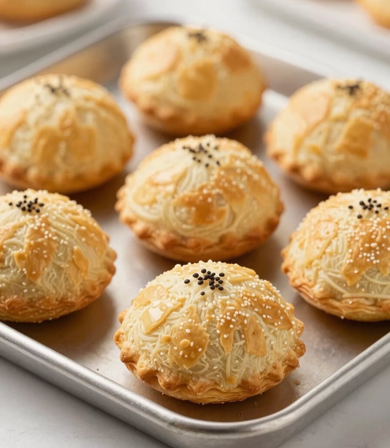 Close-up of golden, freshly baked Brazilian savory pastries on a clean stainless steel tray, warm commercial studio lighting, appetizing details, 50mm sharp focus.