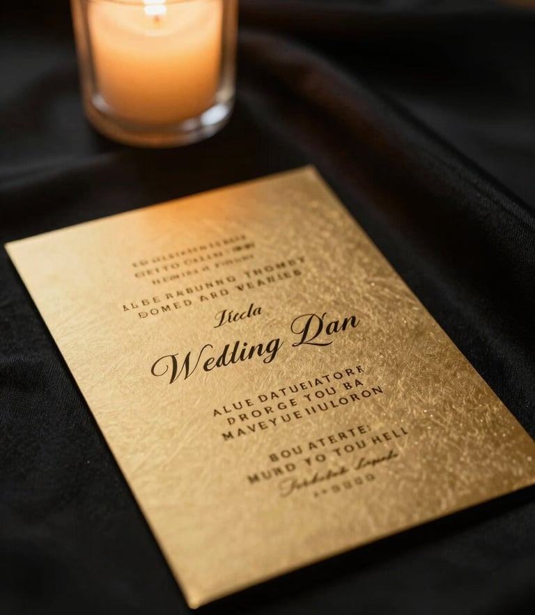 Cinematic close-up of a golden wedding invitation card resting on rich black silk, warm candlelight, soft golden highlights, shallow depth of field.