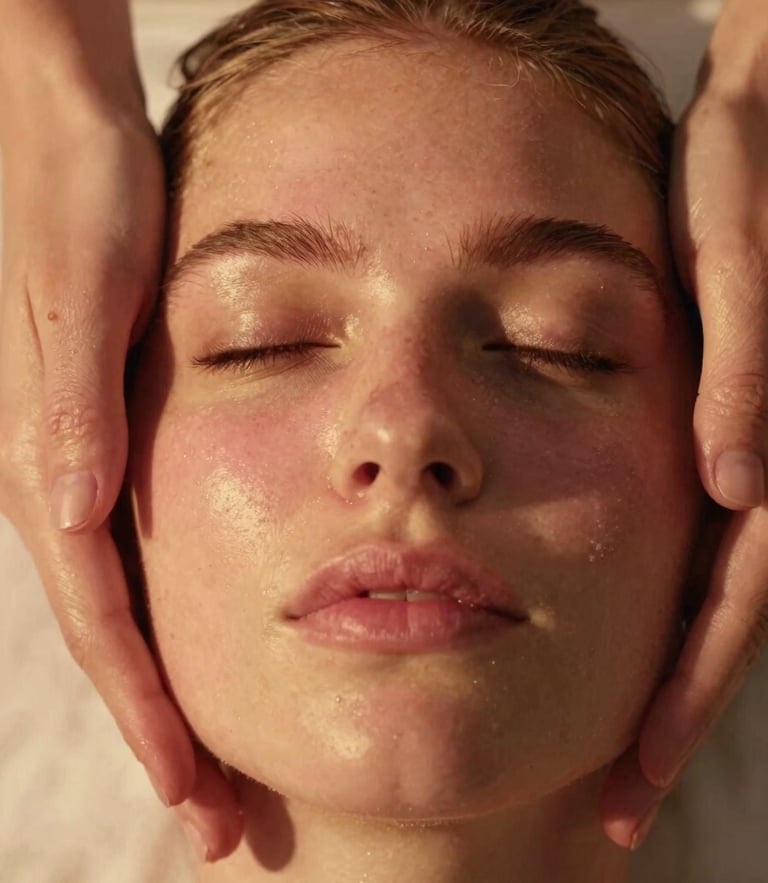 Close-up of healthy, glowing skin after a facial treatment, hands gently framing the face, warm golden hour lighting, cinematic texture