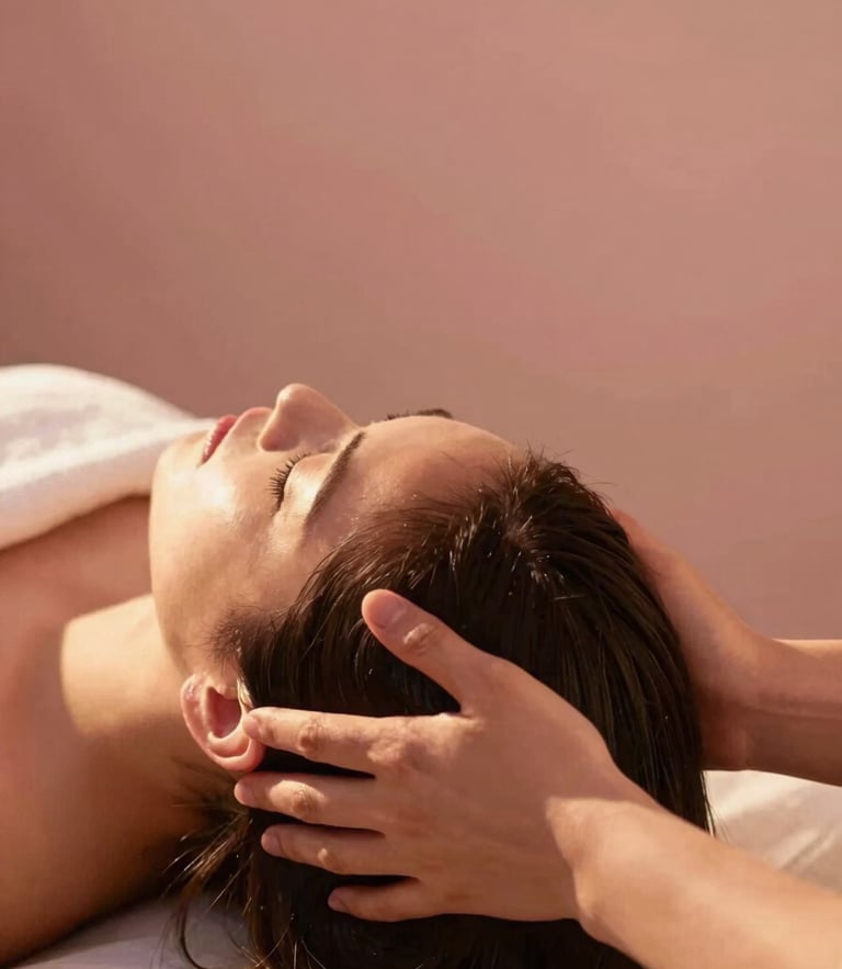 Candid shot of a therapist performing a relaxing scalp massage, soft warm background, cinematic sunlight, focus on hands and serene expression