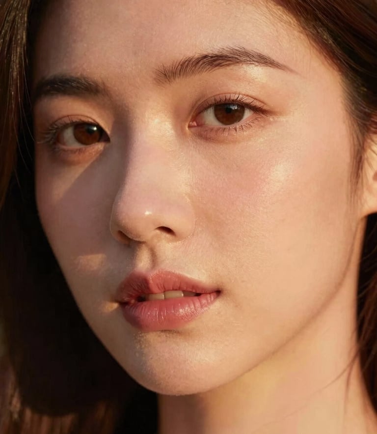 Close-up portrait of a woman with glowing, healthy skin, soft warm golden hour light, shallow depth of field, 35mm