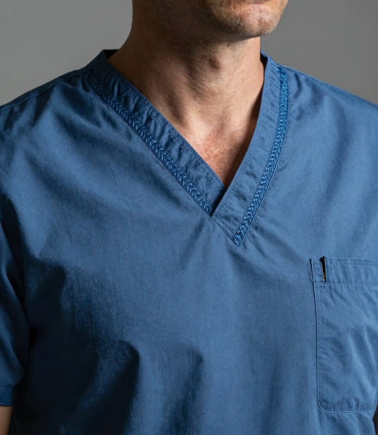 Portrait studio shot of a professional medical scrub made of blue fabric with subtle Faso Dan Fani embroidery details on the collar, high-contrast natural lighting, detailed textile texture.