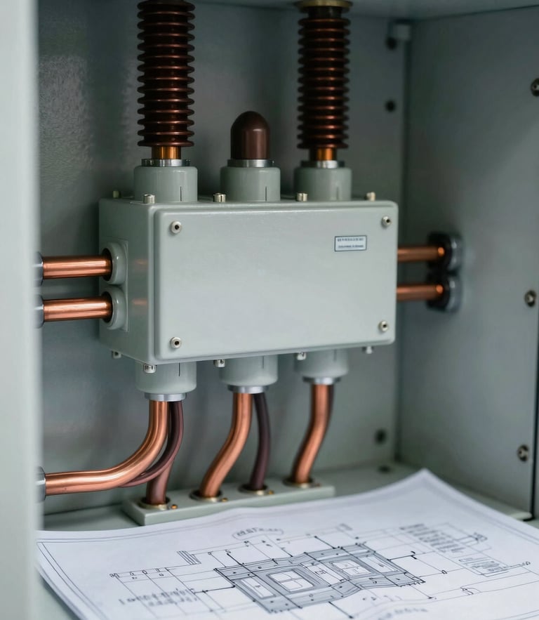 Close-up of a high-voltage electrical panel with copper busbars, technical blueprint precision, sharp natural site lighting, cool technical tones