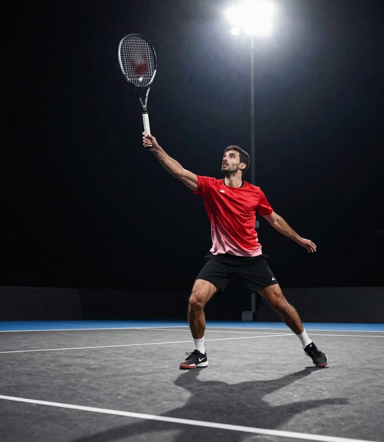 Low-angle dramatic shot of Adil Boutahli serving under intense stadium floodlights, racket frozen at peak impact, high-contrast shadows on a dark hard court