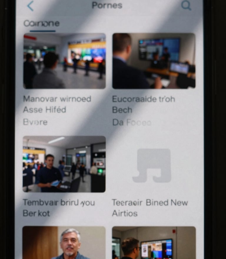 High-contrast, tight macro crop of a smartphone screen displaying a live news feed, natural daylight casting a sharp shadow across the glass, utilitarian grid layout.